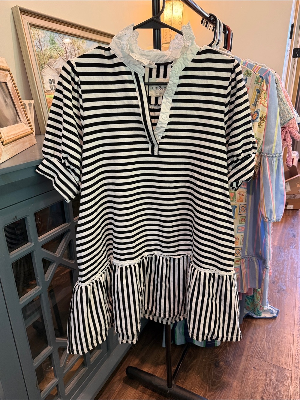 Umgee Black & White Striped Ruffle-Hem Tunic with Lace Collar - Picture 2 of 2